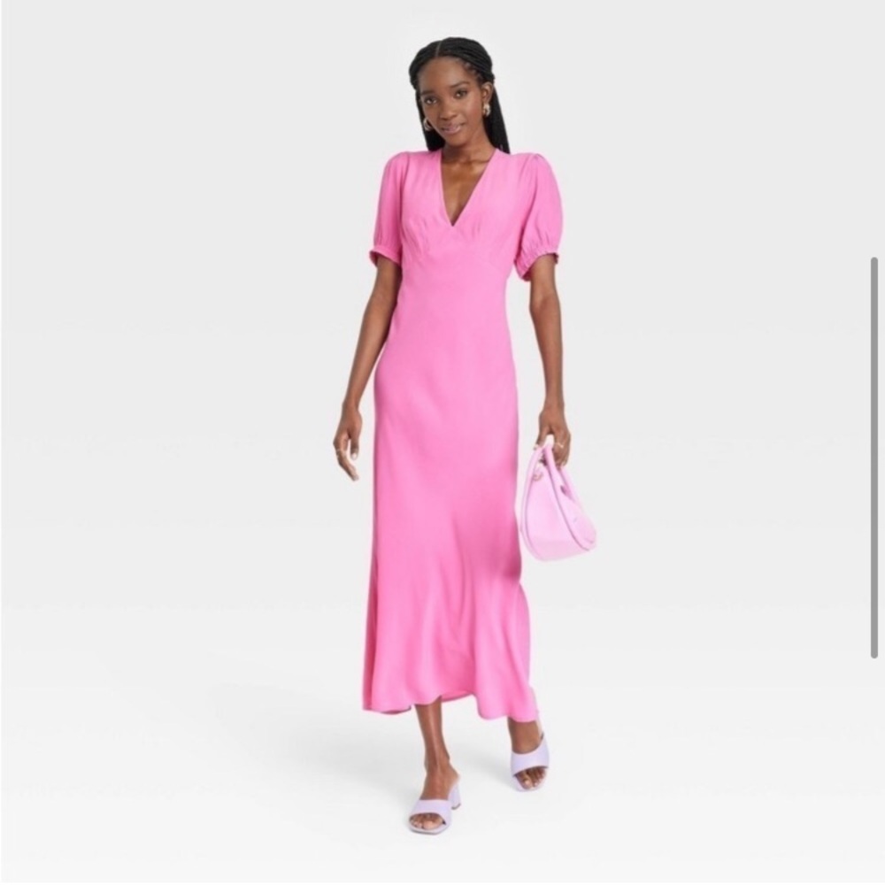 A NEW DAY • Pink Puff Short Sleeve Elegant V-Neck Dress - Picture 3 of 8